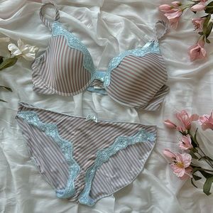 38D | isadora paccini  Bra Set Lined Demi Pink Brown Stripes on Blue Lace